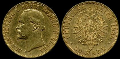 Sachsen-Coburg-Gotha. Ernst II. 1844-1893. 20 Mark 1896 A. Vorzüglich.