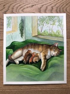 Original Bild Katze mit Jungen im Zimmer handgemalt